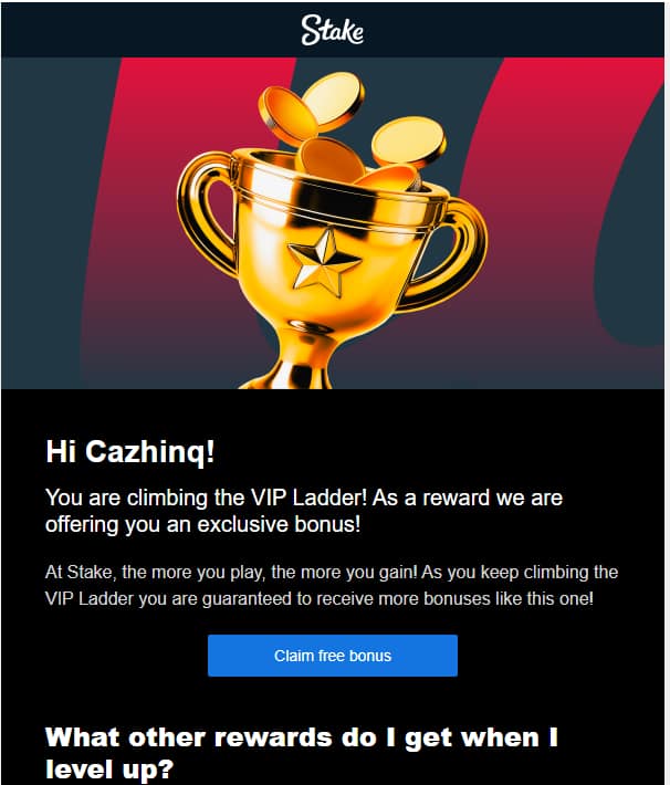 Stake casino email showing VIP ladder bonus promotion with golden trophy and "Claim free bonus" button that didn't work when players tried to redeem it