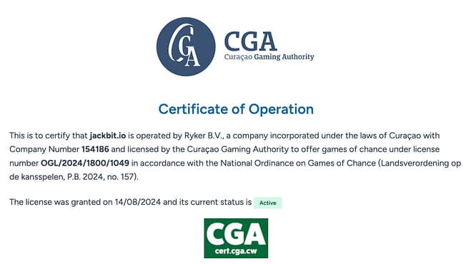 Jackbit Casino Curaçao Gaming Authority certificate showing license number OGL/2024/1800/1049 operated by Ryker B.V. with active status