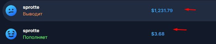 Screenshot showing user "sprotte" depositing $3.68 and withdrawing $1,231.79 during the Amatic Book of Aztec slot bug