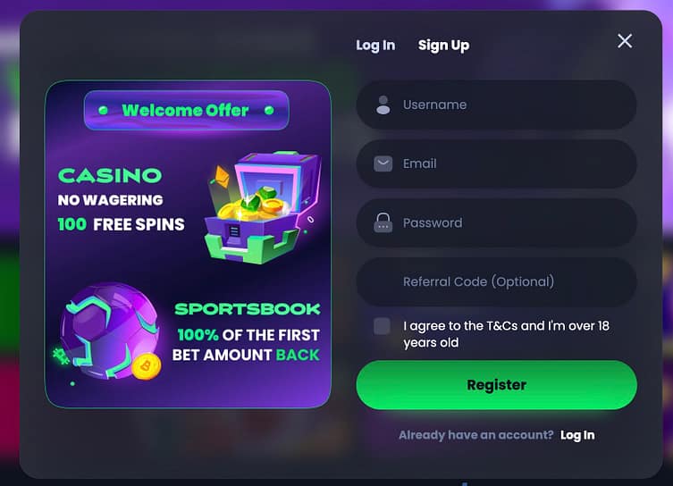 Jackbit Casino registration form showing sign-up fields for username, email, password, and referral code, with welcome offers of 100 no-wagering free spins and 100% first bet cashback