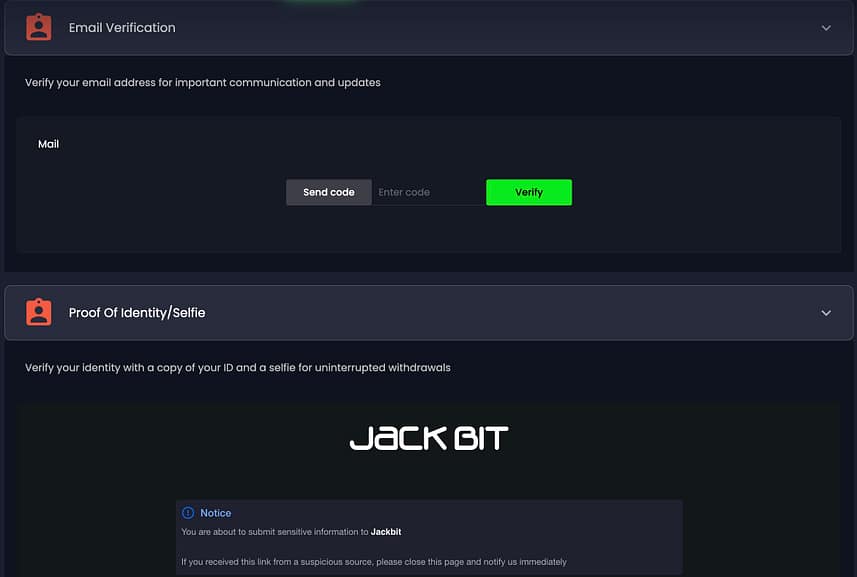 Jackbit Casino KYC verification interface showing email verification with send code button and proof of identity/selfie section for ID and selfie upload