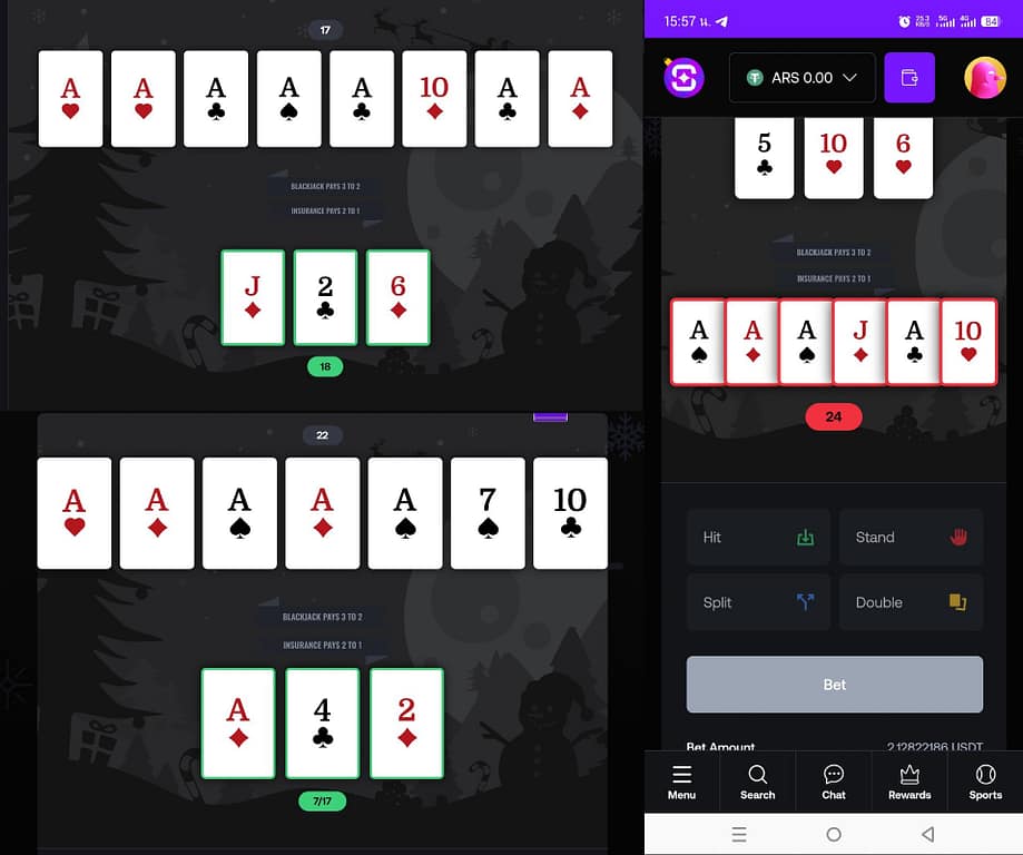 Shuffle Casino blackjack hand showing dealer with four aces and a five of spades, player holding ace of spades, ace of diamonds, king of diamonds, and five of spades totaling 17